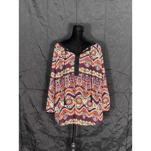 Zac & Rachel Tops - Women's Boho Peasant Blouse Purple Paisley Floral Long Sleeve Tassel Top Size XL